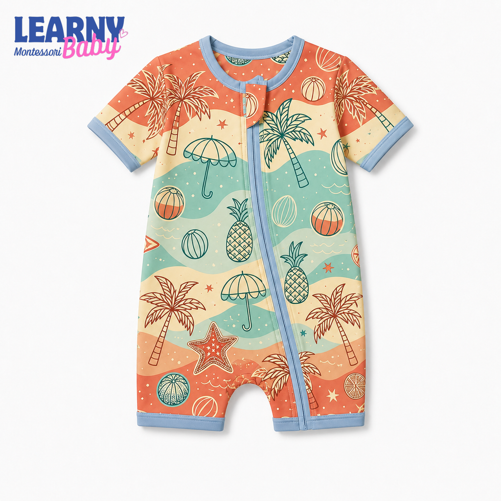 Tropical Palm and Beach Bamboo Baby Convertible Zippy Pajamas, Summer Baby Sleeper, Coastal Newborn Pajamas, Toddler Sleepwear