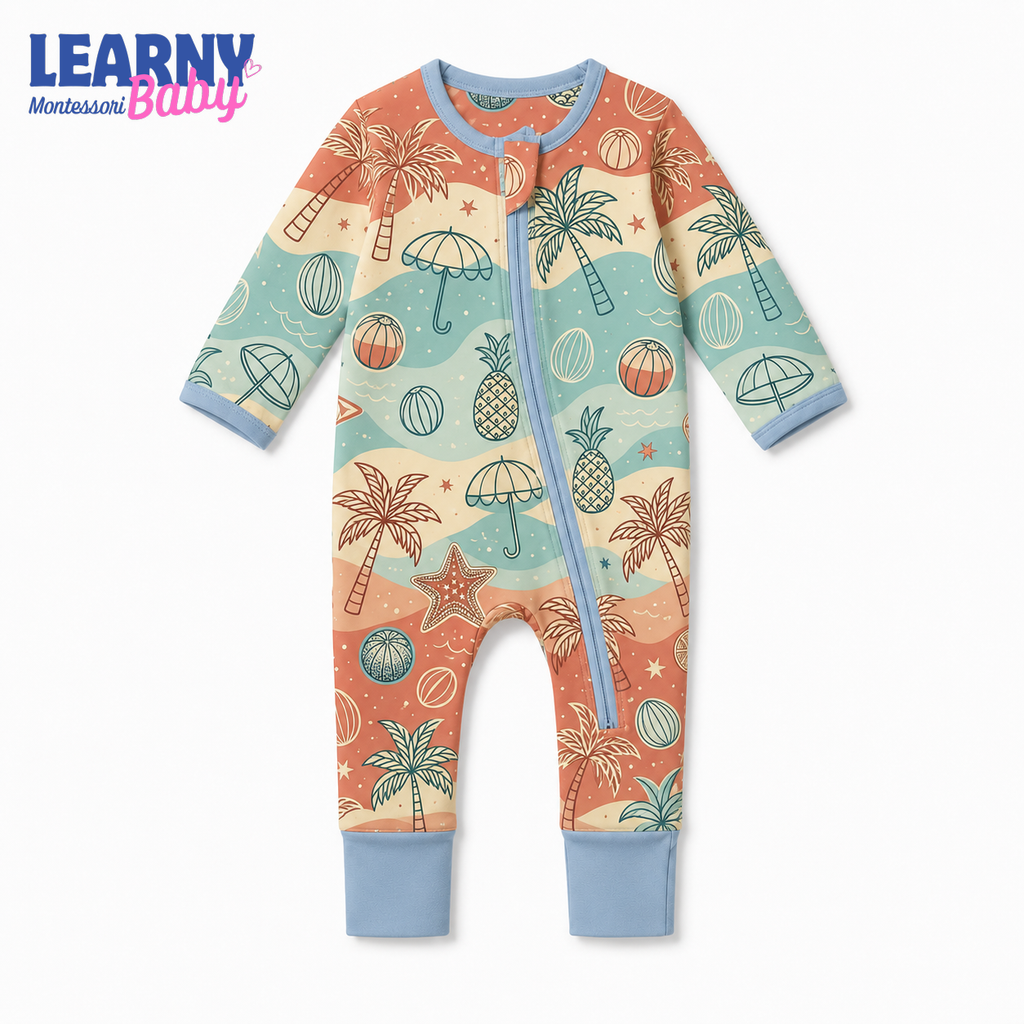 Tropical Palm and Beach Bamboo Baby Convertible Zippy Pajamas, Summer Baby Sleeper, Coastal Newborn Pajamas, Toddler Sleepwear