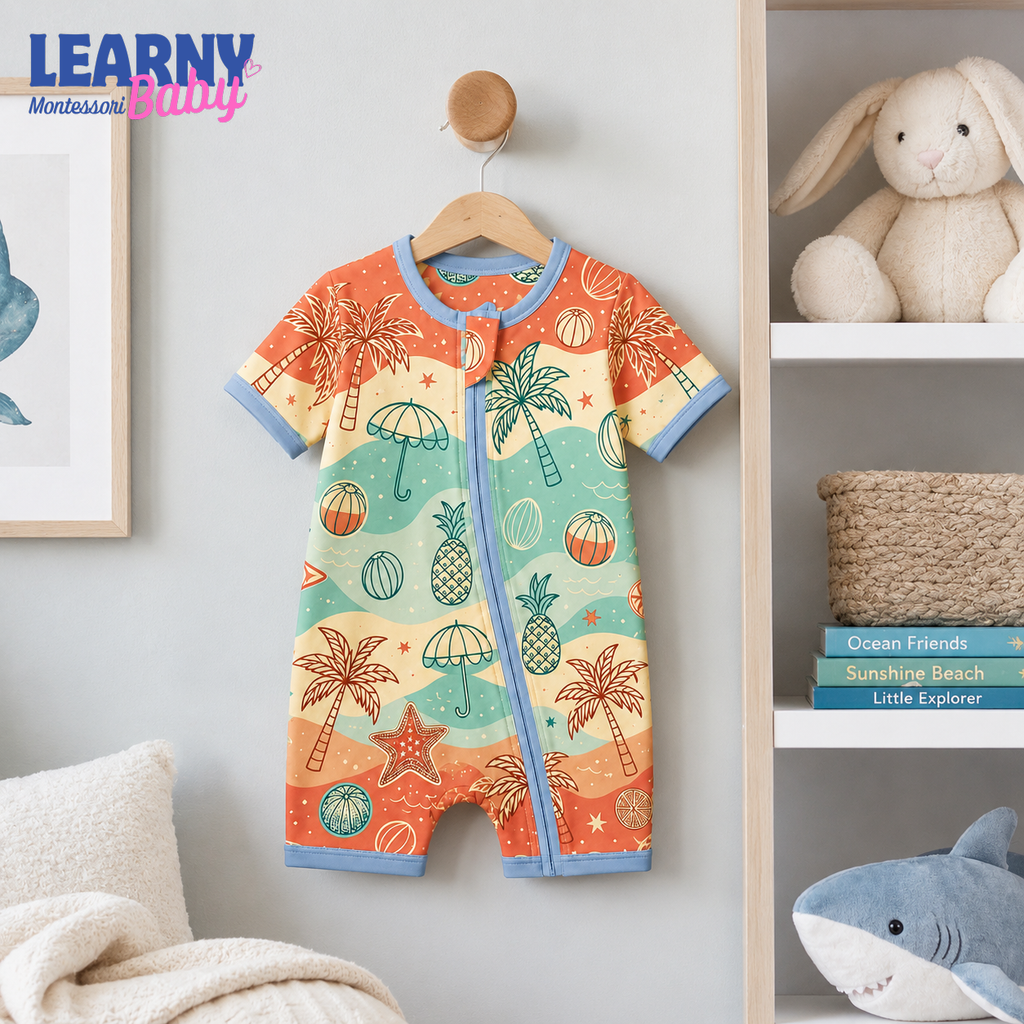 Tropical Palm and Beach Bamboo Baby Convertible Zippy Pajamas, Summer Baby Sleeper, Coastal Newborn Pajamas, Toddler Sleepwear