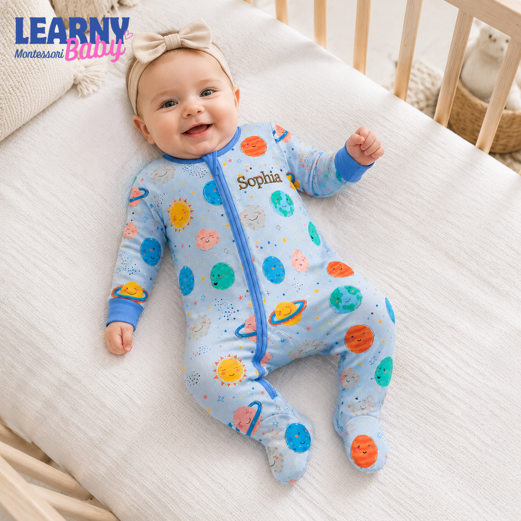 Personalized Space Planets Bamboo Footie Zippy for Baby, Solar System Baby Pajamas, Custom Name Baby Sleeper