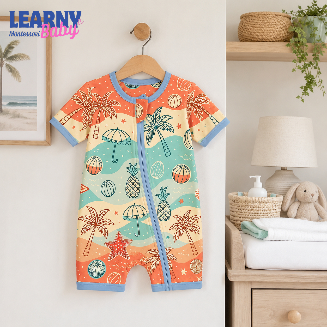Tropical Palm and Beach Bamboo Baby Convertible Zippy Pajamas, Summer Baby Sleeper, Coastal Newborn Pajamas, Toddler Sleepwear