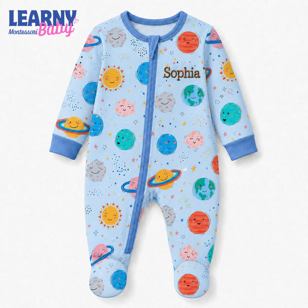 Personalized Space Planets Bamboo Footie Zippy for Baby, Solar System Baby Pajamas, Custom Name Baby Sleeper