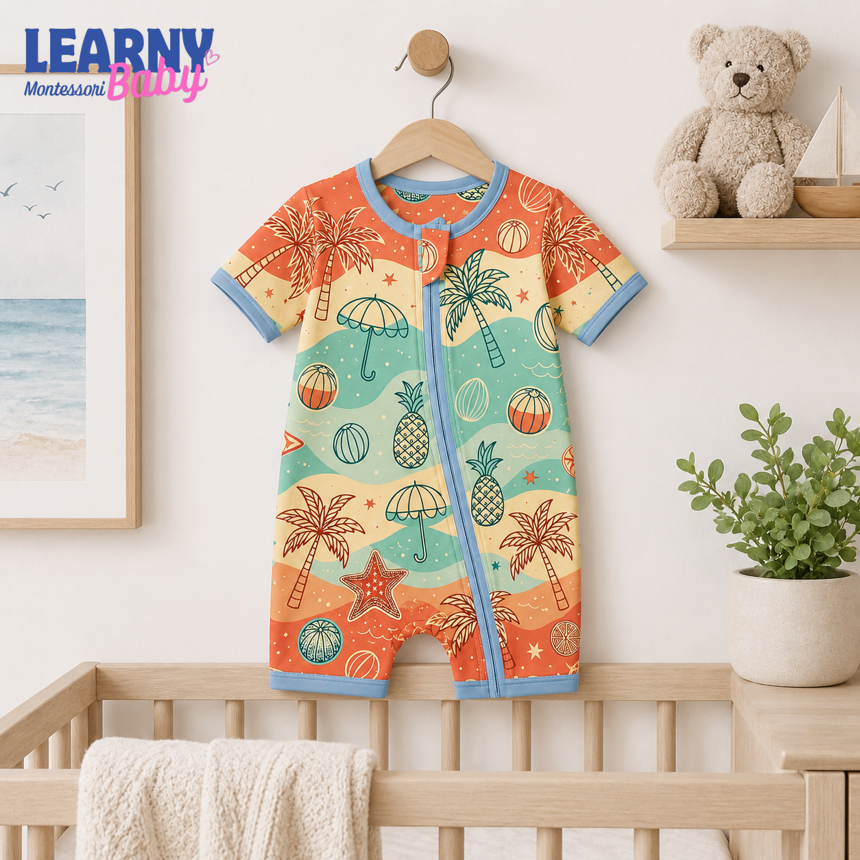 Tropical Palm and Beach Bamboo Baby Convertible Zippy Pajamas, Summer Baby Sleeper, Coastal Newborn Pajamas, Toddler Sleepwear