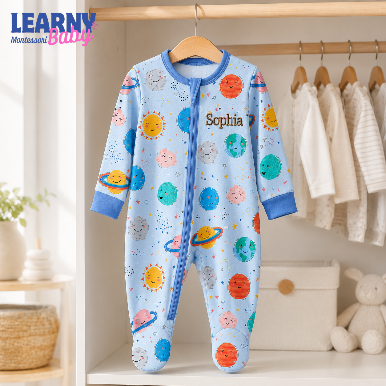 Personalized Space Planets Bamboo Footie Zippy for Baby, Solar System Baby Pajamas, Custom Name Baby Sleeper