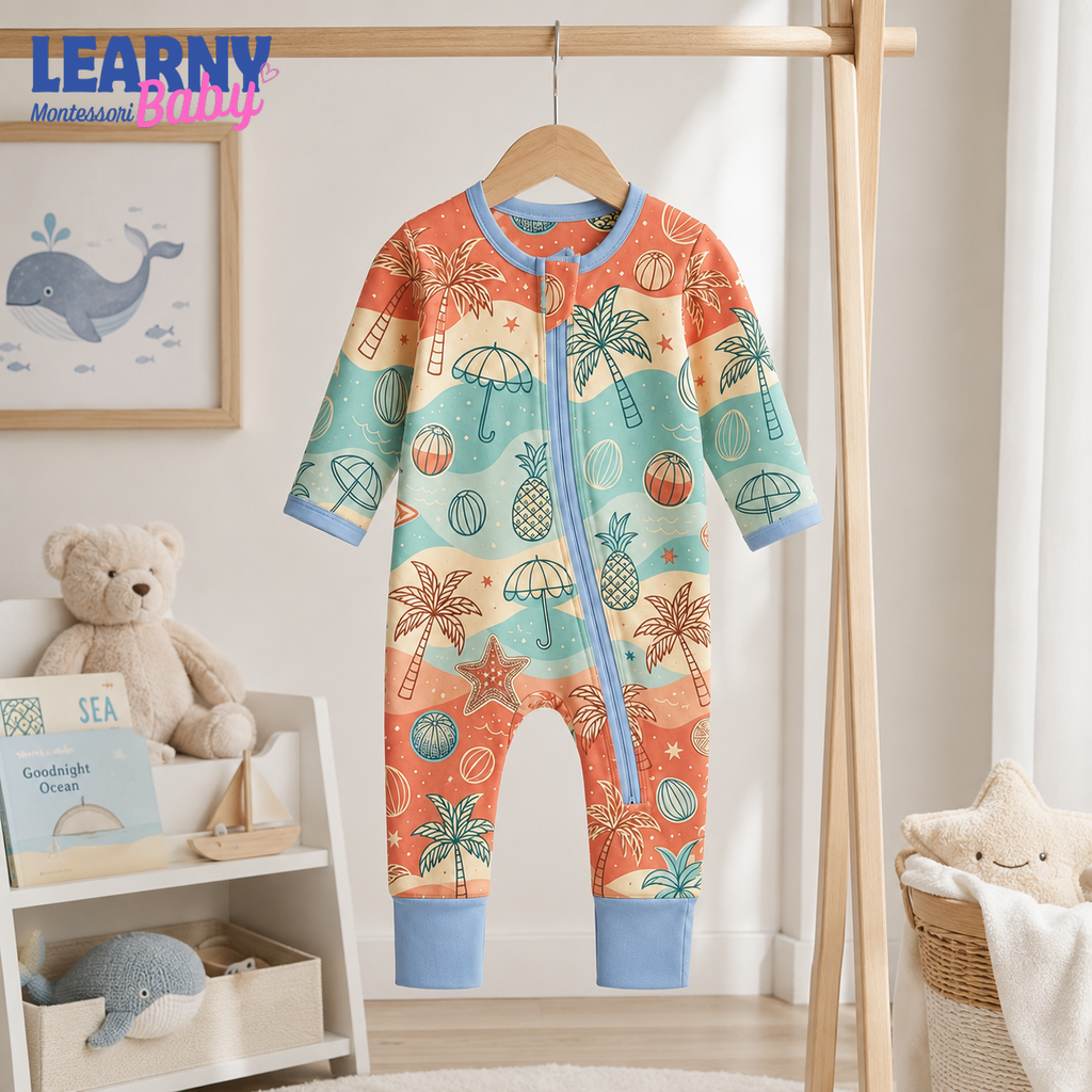 Tropical Palm and Beach Bamboo Baby Convertible Zippy Pajamas, Summer Baby Sleeper, Coastal Newborn Pajamas, Toddler Sleepwear