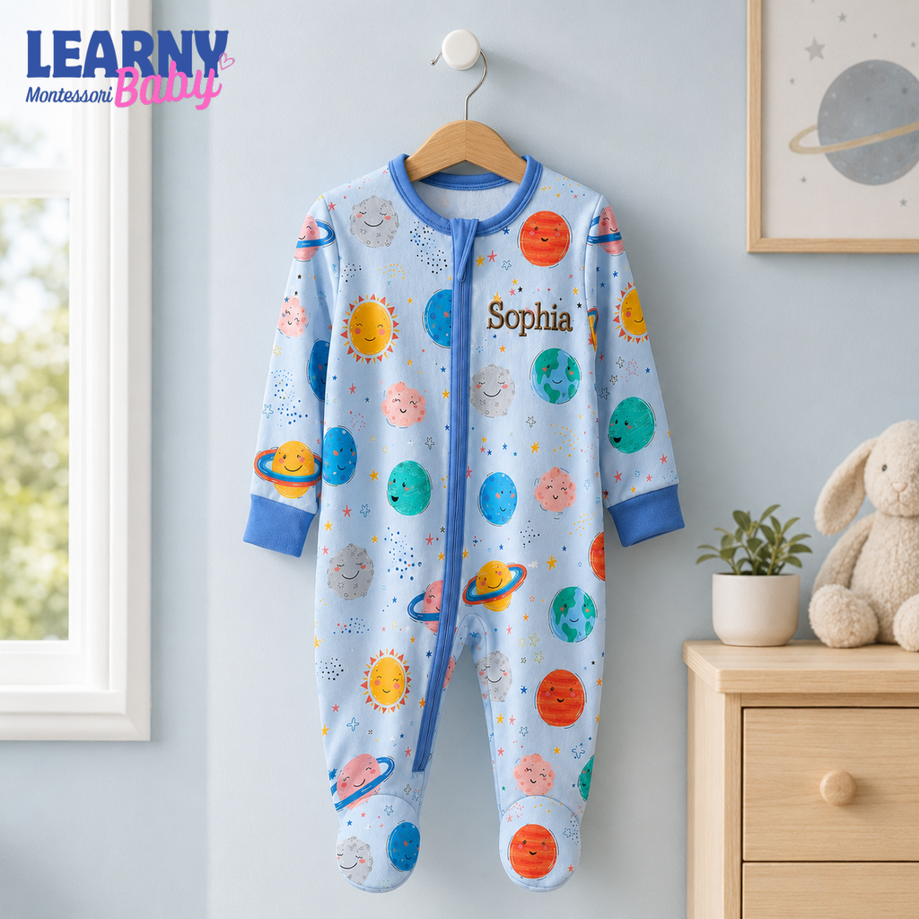 Personalized Space Planets Bamboo Footie Zippy for Baby, Solar System Baby Pajamas, Custom Name Baby Sleeper