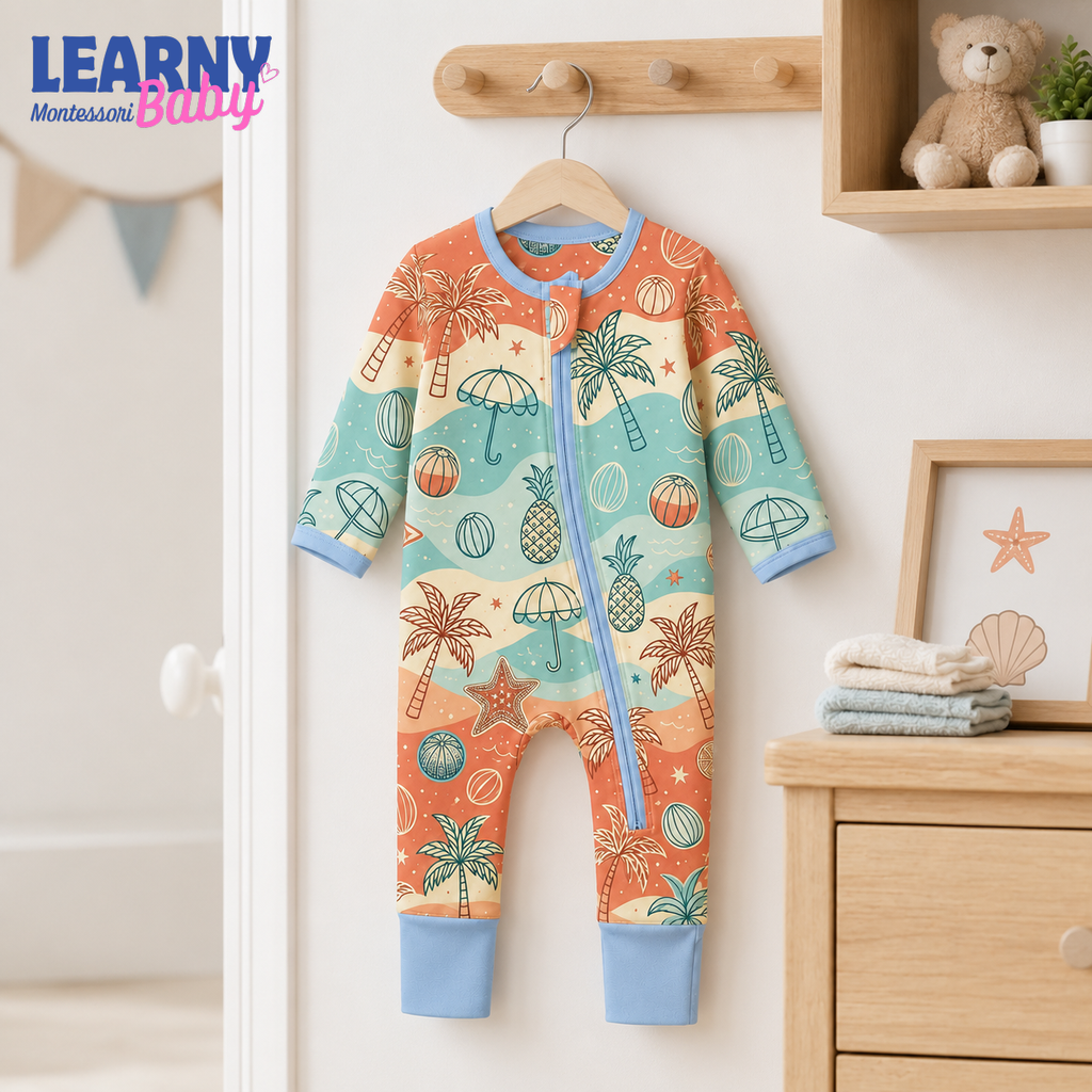 Tropical Palm and Beach Bamboo Baby Convertible Zippy Pajamas, Summer Baby Sleeper, Coastal Newborn Pajamas, Toddler Sleepwear