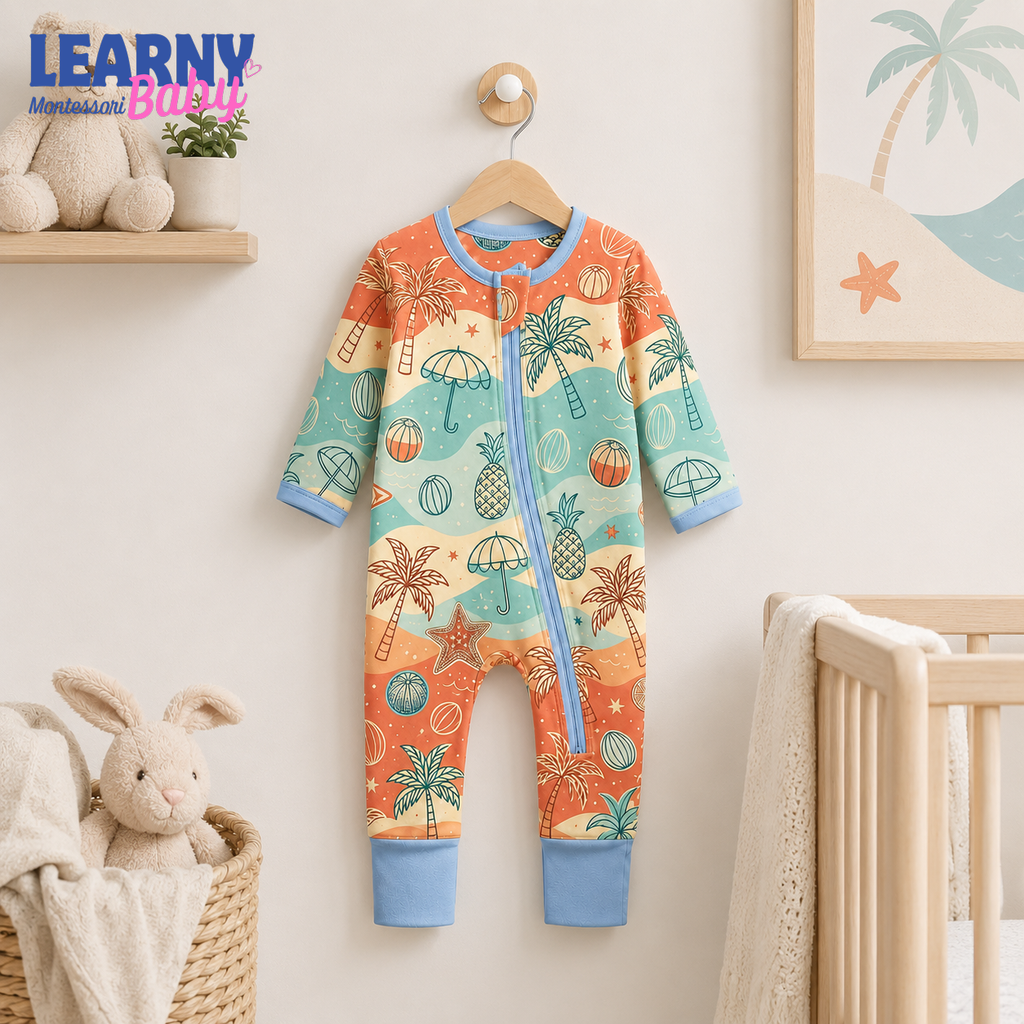 Tropical Palm and Beach Bamboo Baby Convertible Zippy Pajamas, Summer Baby Sleeper, Coastal Newborn Pajamas, Toddler Sleepwear