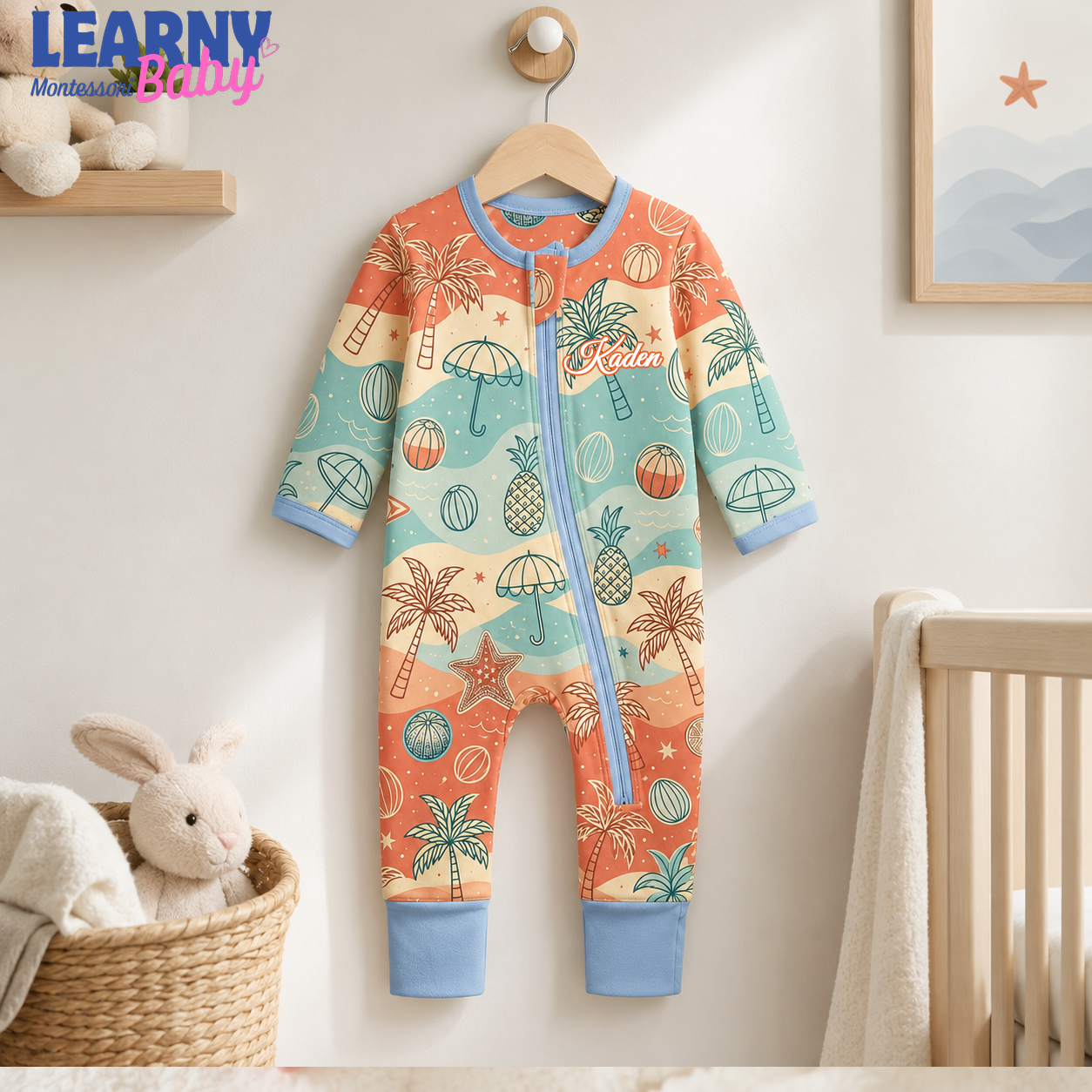 Tropical Palm & Beach Bamboo Baby Convertible Zippy, Summer Bamboo Baby Pajamas, Coastal Newborn Bamboo Sleeper