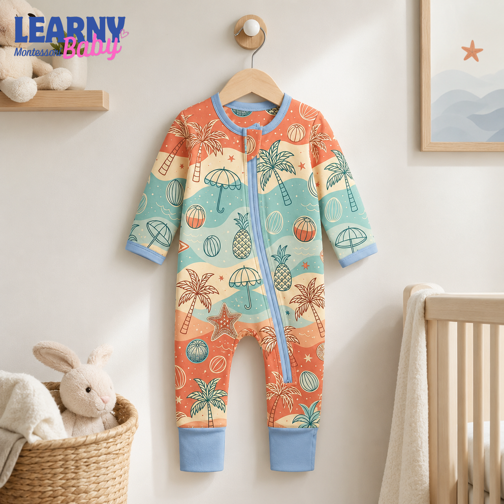 Tropical Palm and Beach Bamboo Baby Convertible Zippy Pajamas, Summer Baby Sleeper, Coastal Newborn Pajamas, Toddler Sleepwear