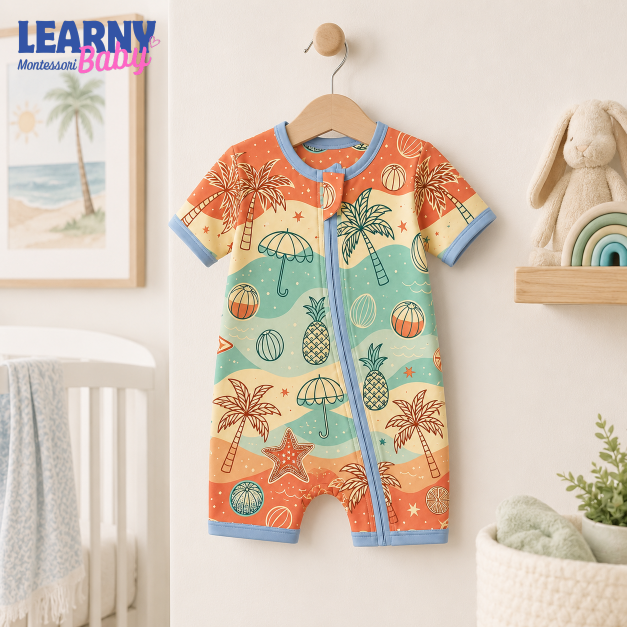 Tropical Palm and Beach Bamboo Baby Convertible Zippy Pajamas, Summer Baby Sleeper, Coastal Newborn Pajamas, Toddler Sleepwear