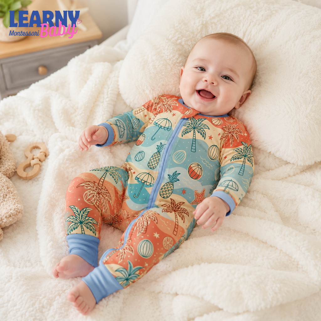 Tropical Palm and Beach Bamboo Baby Convertible Zippy Pajamas, Summer Baby Sleeper, Coastal Newborn Pajamas, Toddler Sleepwear