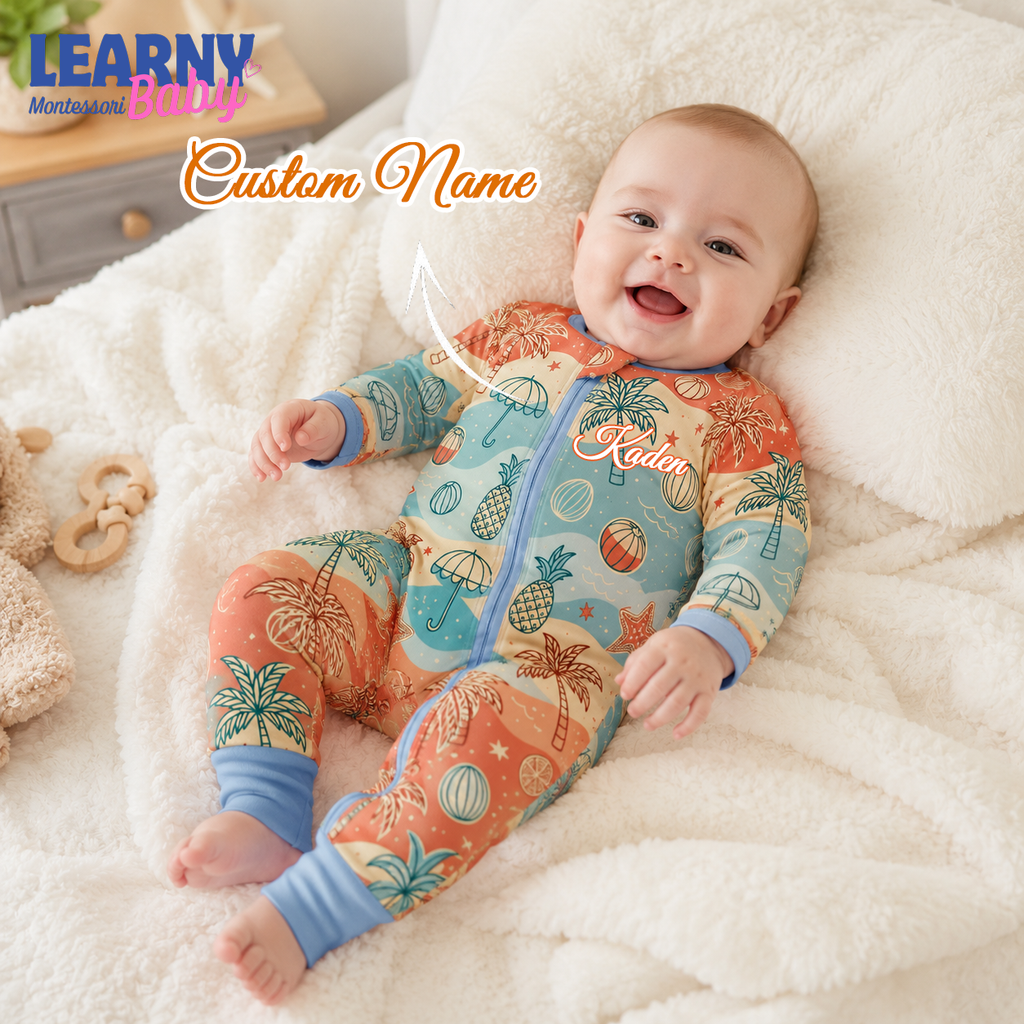 Tropical Palm & Beach Bamboo Baby Convertible Zippy, Summer Bamboo Baby Pajamas, Coastal Newborn Bamboo Sleeper
