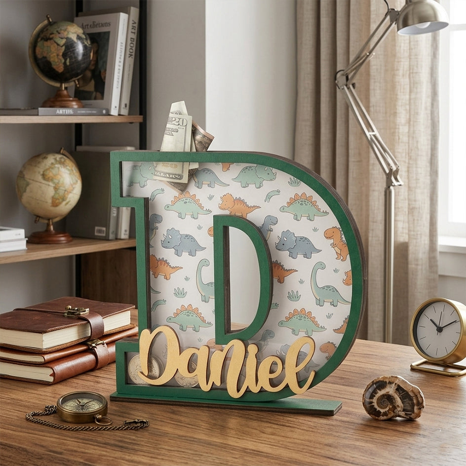 Personalized Dinosaur Piggy Bank for Kids, Personalized Letter Bank, Wooden Coin Bank, Custom Name, Birthday or Baby Gift, Nursery Decor