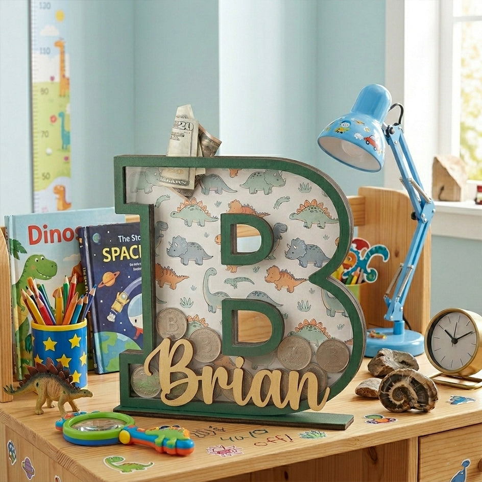 Personalized Dinosaur Piggy Bank for Kids, Personalized Letter Bank, Wooden Coin Bank, Custom Name, Birthday or Baby Gift, Nursery Decor