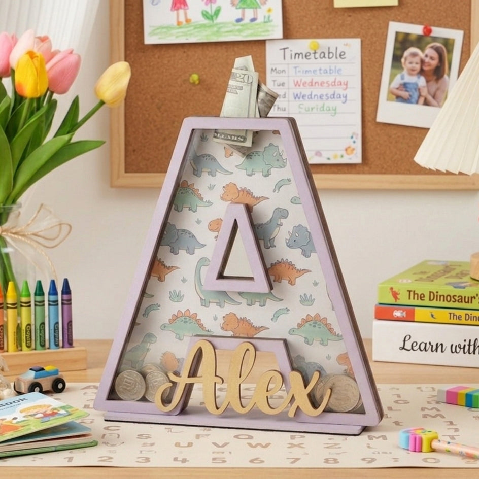 Personalized Dinosaur Piggy Bank for Kids, Personalized Letter Bank, Wooden Coin Bank, Custom Name, Birthday or Baby Gift, Nursery Decor