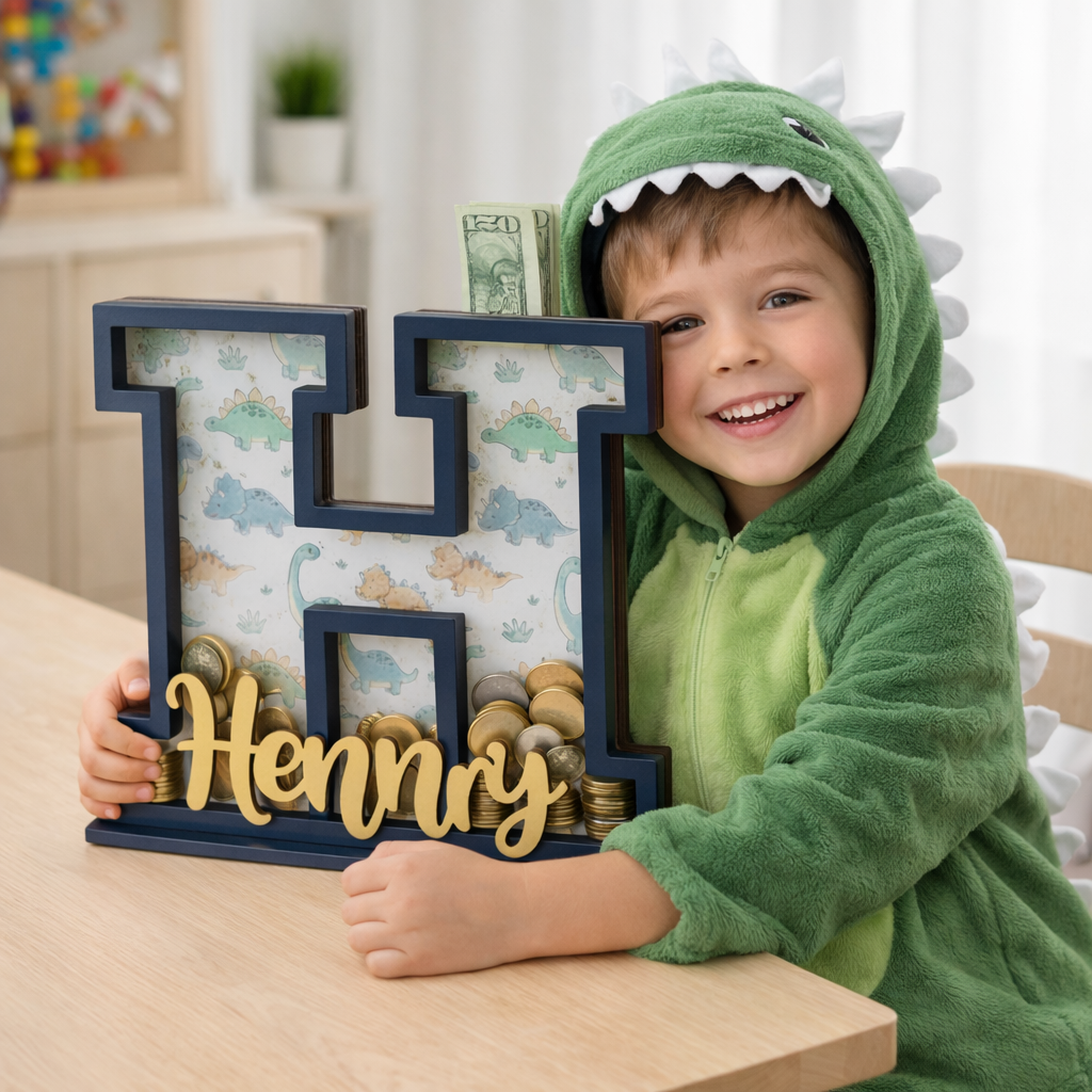 Personalized Dinosaur Piggy Bank for Kids, Personalized Letter Bank, Wooden Coin Bank, Custom Name, Birthday or Baby Gift, Nursery Decor