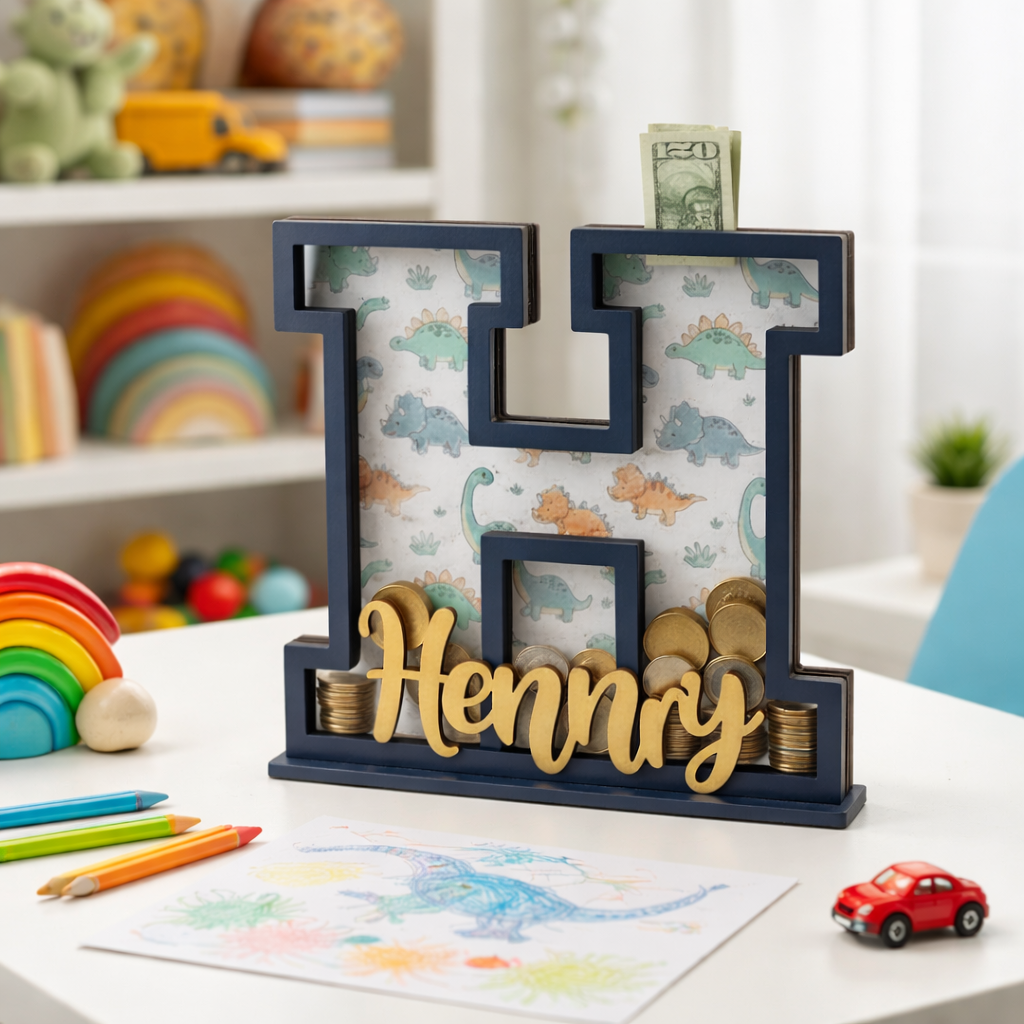 Personalized Dinosaur Piggy Bank for Kids, Personalized Letter Bank, Wooden Coin Bank, Custom Name, Birthday or Baby Gift, Nursery Decor
