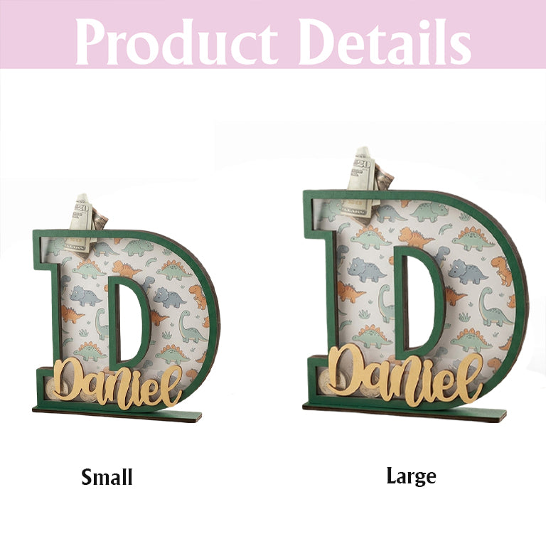 Personalized Dinosaur Piggy Bank for Kids, Personalized Letter Bank, Wooden Coin Bank, Custom Name, Birthday or Baby Gift, Nursery Decor