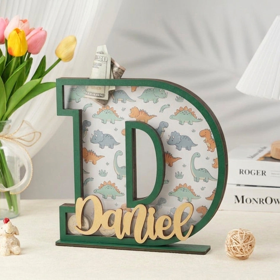 Personalized Dinosaur Piggy Bank for Kids, Personalized Letter Bank, Wooden Coin Bank, Custom Name, Birthday or Baby Gift, Nursery Decor
