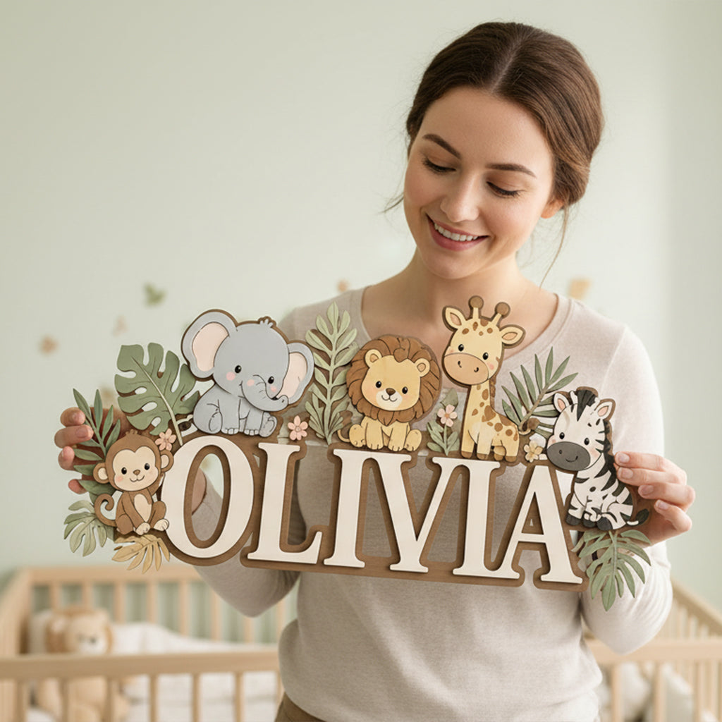 Personalized Name Sign for Nursery, Safari Animal Wooden Wall Decor, Custom Baby Name Sign, Jungle Baby Room Decor, Baby Shower Gift