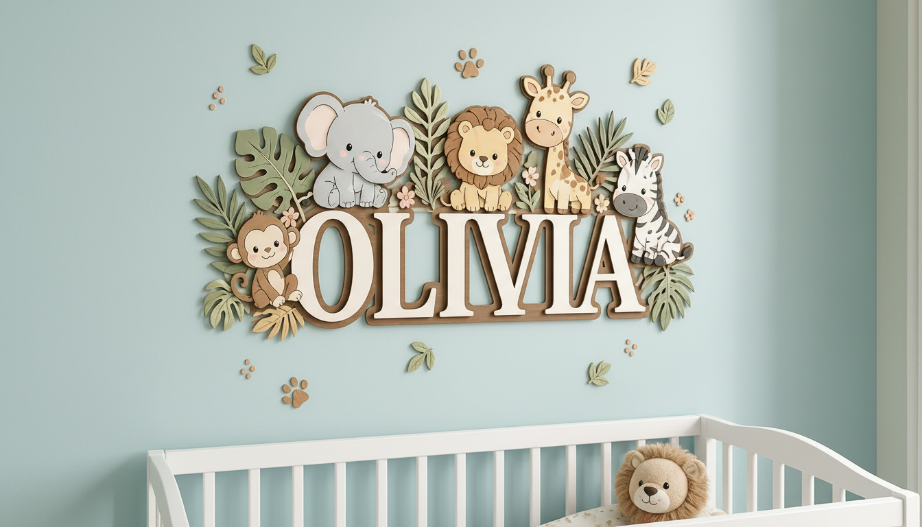 Personalized Name Sign for Nursery, Safari Animal Wooden Wall Decor, Custom Baby Name Sign, Jungle Baby Room Decor, Baby Shower Gift