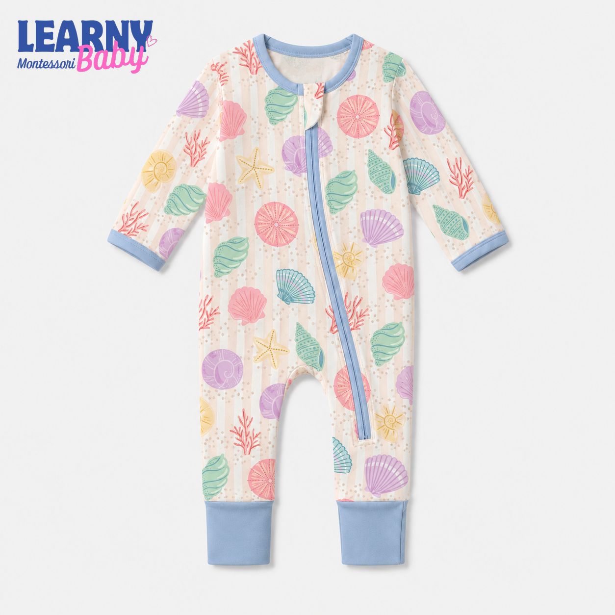 Pastel Seashell Bamboo Baby Convertible Zippy Pajamas, Ocean Baby Sleeper, Coastal Newborn Pajamas, Toddler Sleepwear