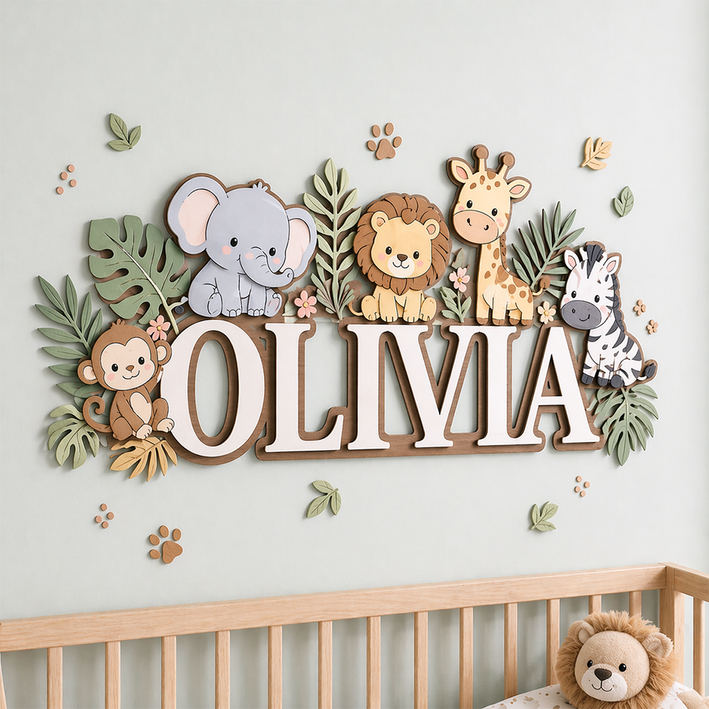 Personalized Name Sign for Nursery, Safari Animal Wooden Wall Decor, Custom Baby Name Sign, Jungle Baby Room Decor, Baby Shower Gift