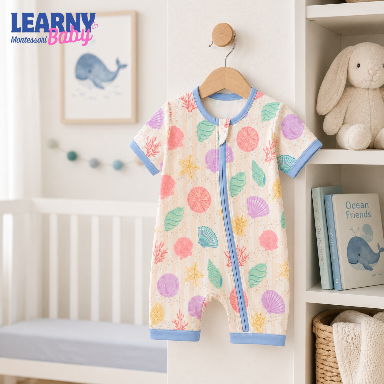 Pastel Seashell Bamboo Baby Convertible Zippy Pajamas, Ocean Baby Sleeper, Coastal Newborn Pajamas, Toddler Sleepwear