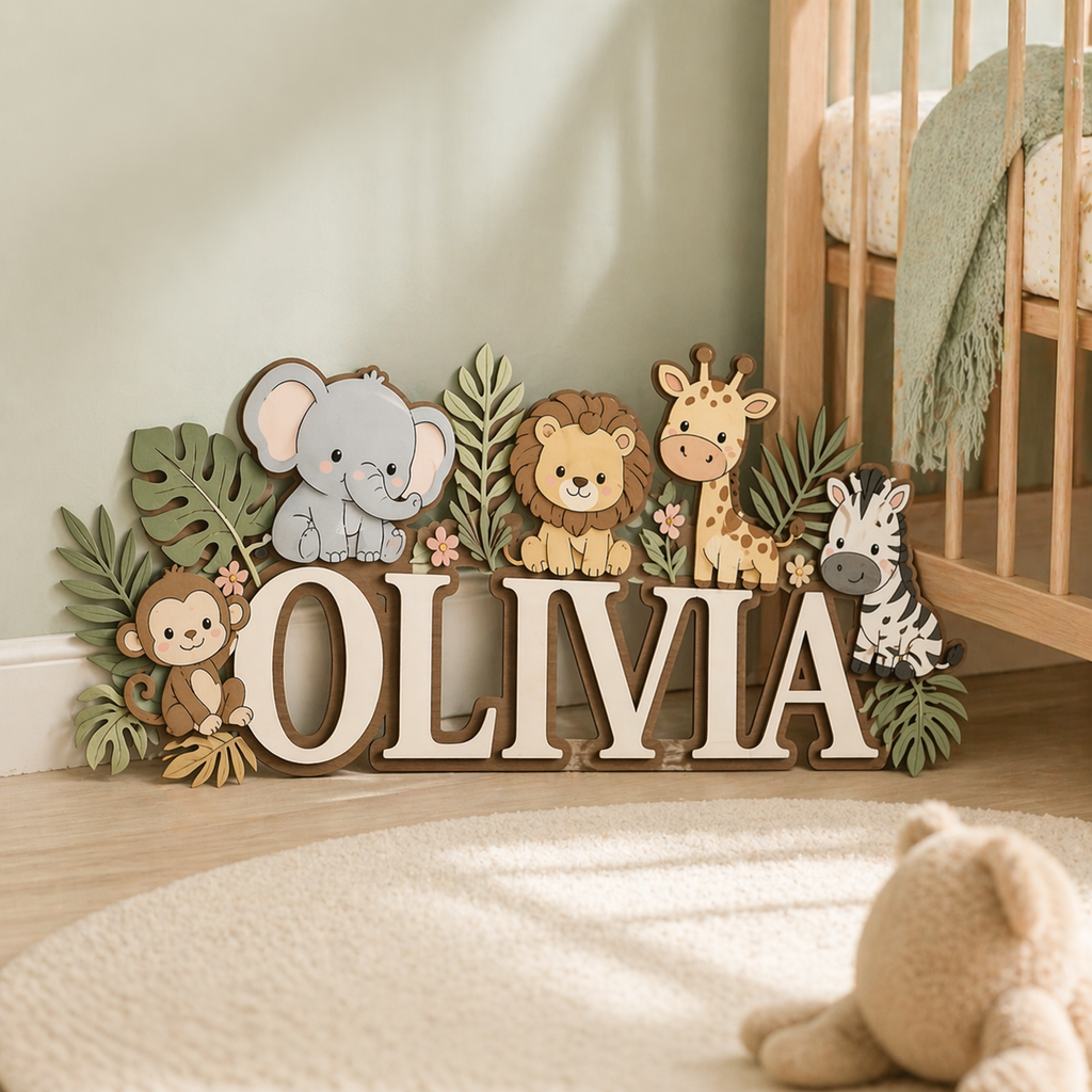 Personalized Name Sign for Nursery, Safari Animal Wooden Wall Decor, Custom Baby Name Sign, Jungle Baby Room Decor, Baby Shower Gift