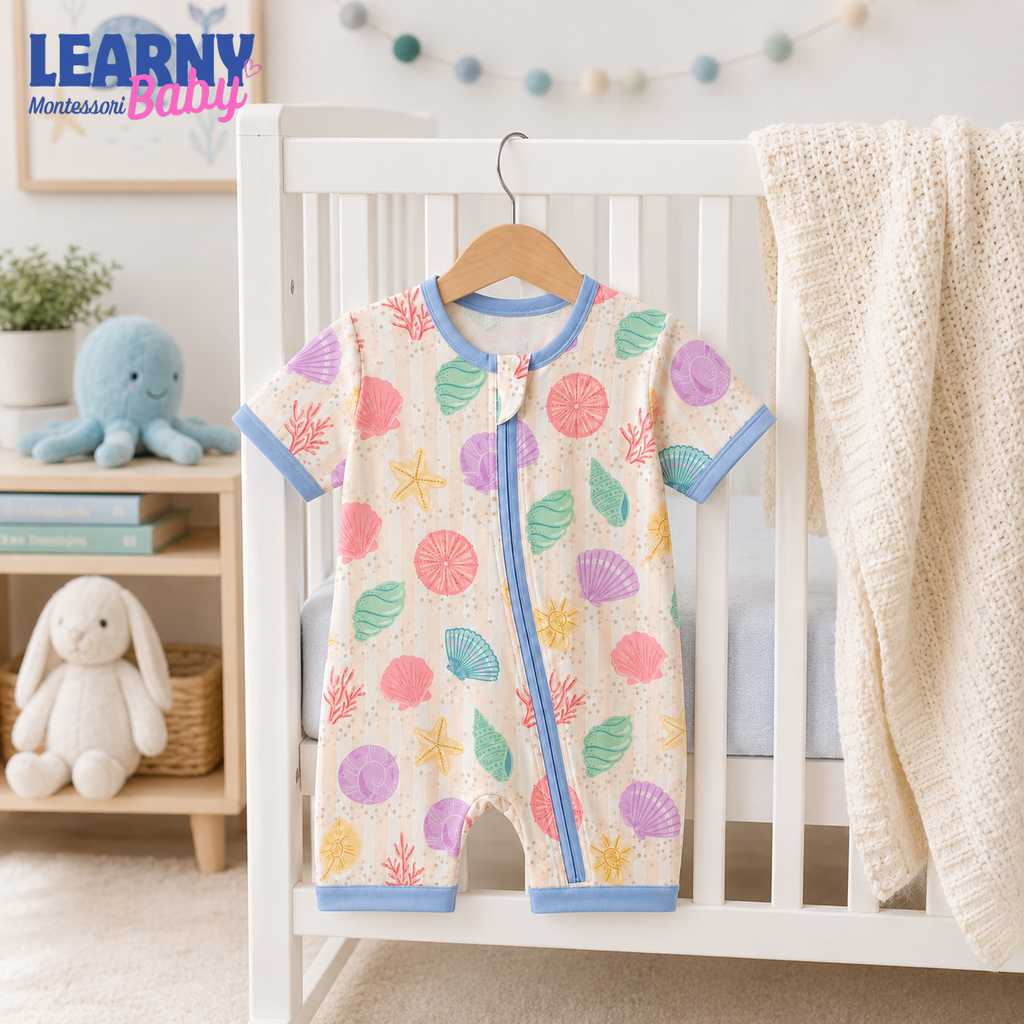 Pastel Seashell Bamboo Baby Convertible Zippy Pajamas, Ocean Baby Sleeper, Coastal Newborn Pajamas, Toddler Sleepwear
