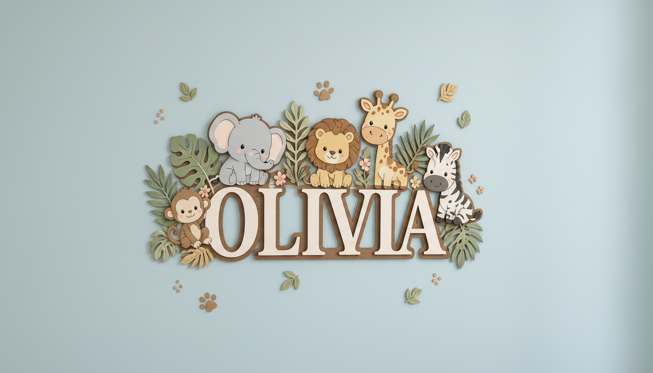 Personalized Name Sign for Nursery, Safari Animal Wooden Wall Decor, Custom Baby Name Sign, Jungle Baby Room Decor, Baby Shower Gift