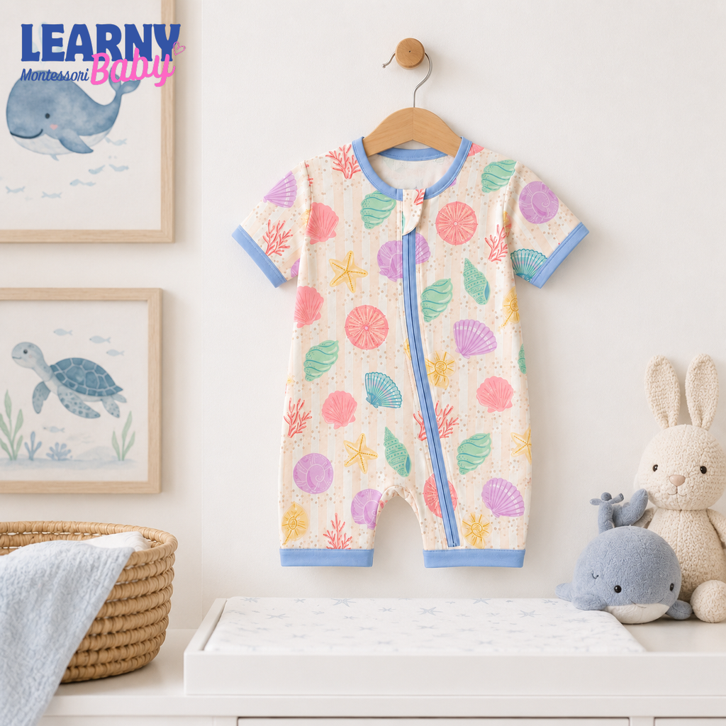 Pastel Seashell Bamboo Baby Convertible Zippy Pajamas, Ocean Baby Sleeper, Coastal Newborn Pajamas, Toddler Sleepwear