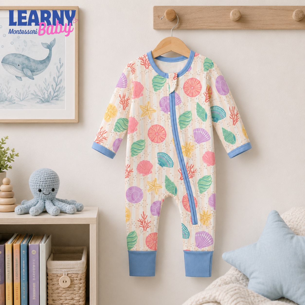 Pastel Seashell Bamboo Baby Convertible Zippy Pajamas, Ocean Baby Sleeper, Coastal Newborn Pajamas, Toddler Sleepwear