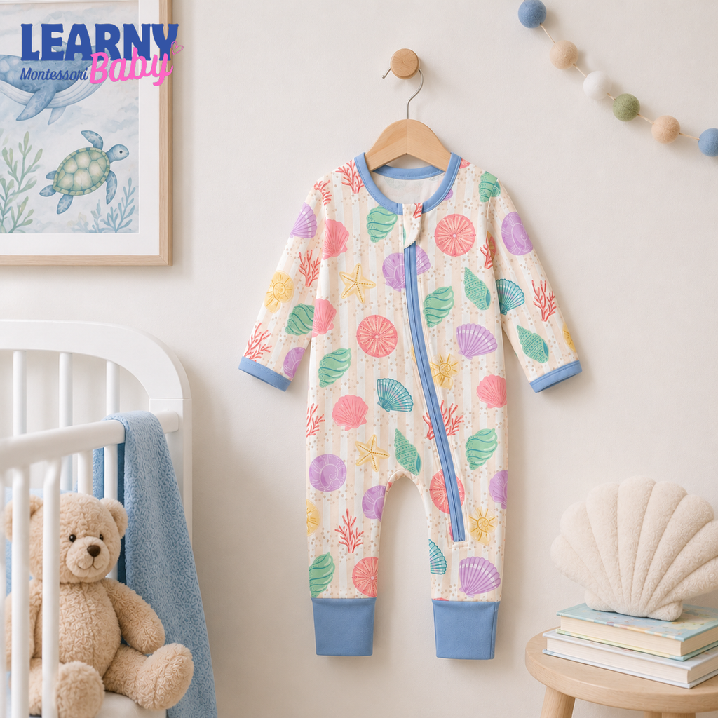 Pastel Seashell Bamboo Baby Convertible Zippy Pajamas, Ocean Baby Sleeper, Coastal Newborn Pajamas, Toddler Sleepwear