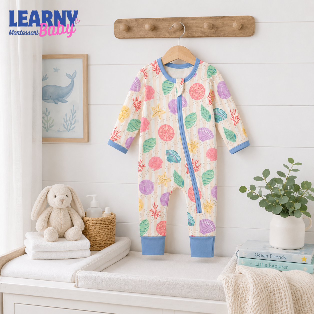 Pastel Seashell Bamboo Baby Convertible Zippy Pajamas, Ocean Baby Sleeper, Coastal Newborn Pajamas, Toddler Sleepwear