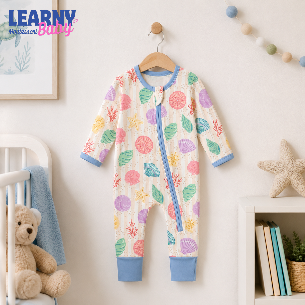 Pastel Seashell Bamboo Baby Convertible Zippy Pajamas, Ocean Baby Sleeper, Coastal Newborn Pajamas, Toddler Sleepwear