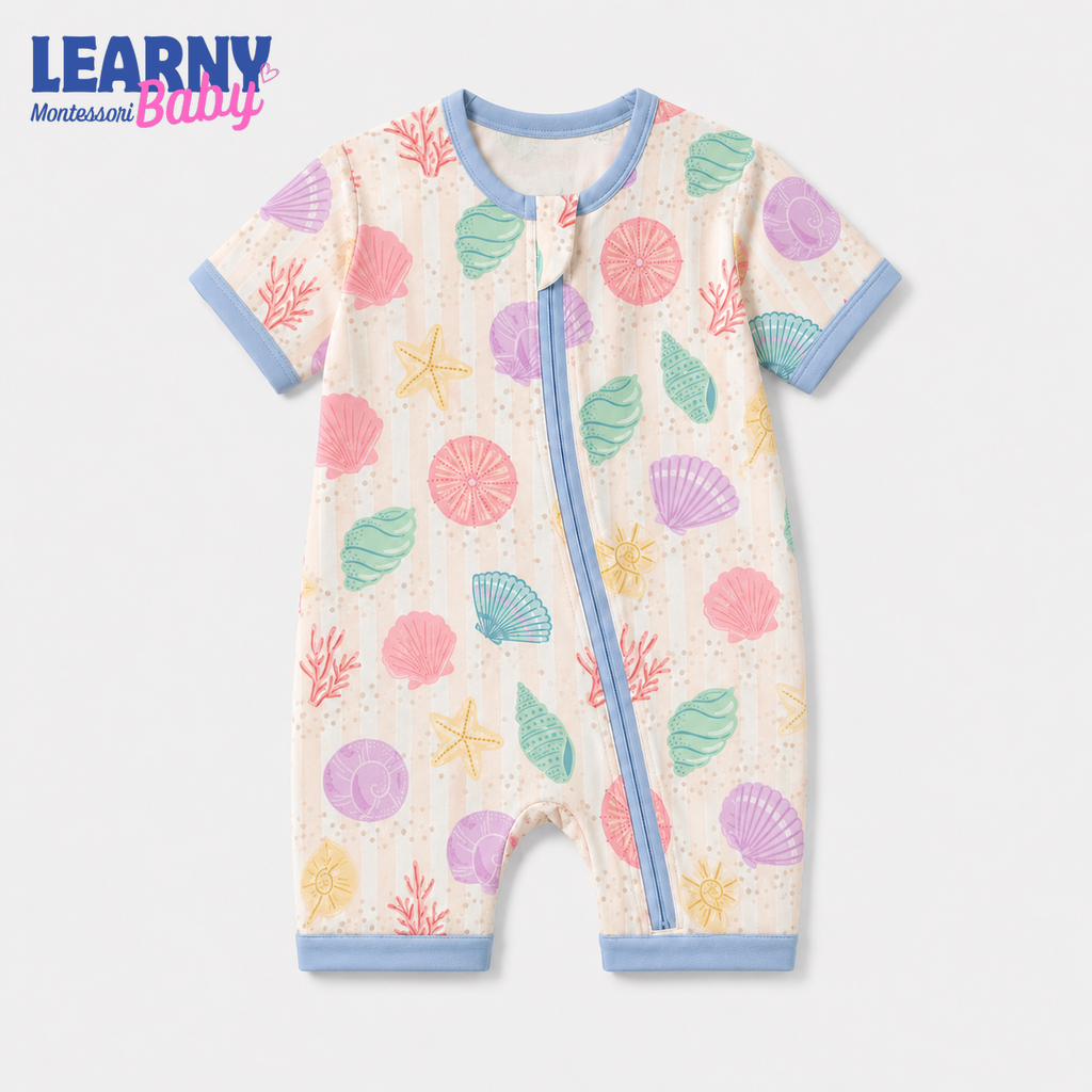 Pastel Seashell Bamboo Baby Convertible Zippy Pajamas, Ocean Baby Sleeper, Coastal Newborn Pajamas, Toddler Sleepwear