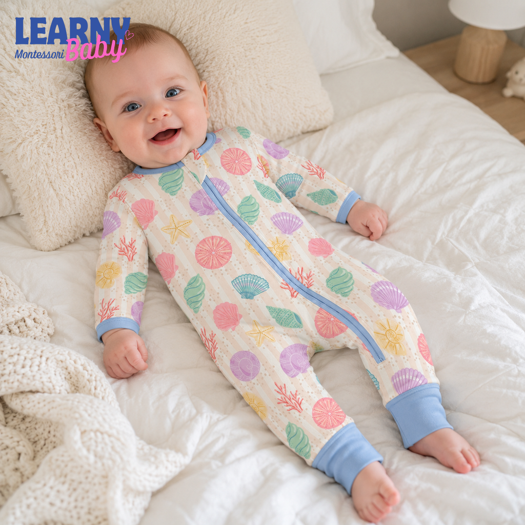 Pastel Seashell Bamboo Baby Convertible Zippy Pajamas, Ocean Baby Sleeper, Coastal Newborn Pajamas, Toddler Sleepwear