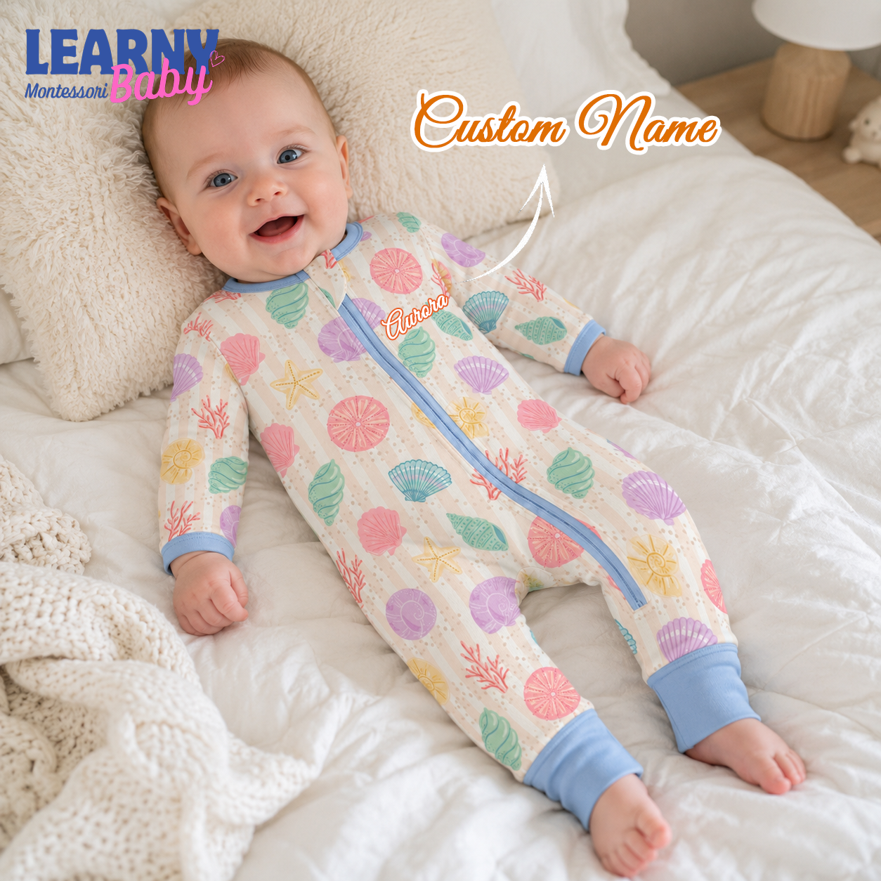 Pastel Seashell Bamboo Baby Convertible Zippy, Ocean Theme Bamboo Baby Pajamas, Coastal Newborn Bamboo Sleeper, Baby Clothing