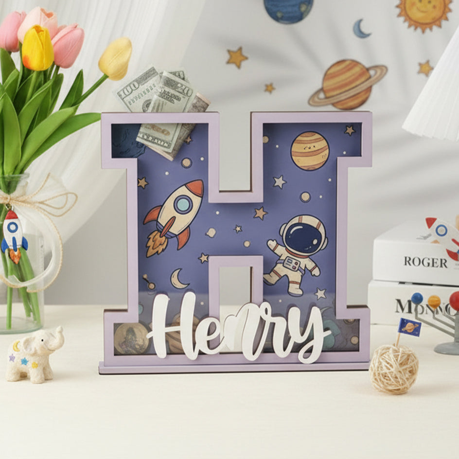 Personalized Space Rocket Piggy Bank, Wooden Coin Bank for Kids, 1st Birthday Gift, Personalized Letter Bank, Money Savings