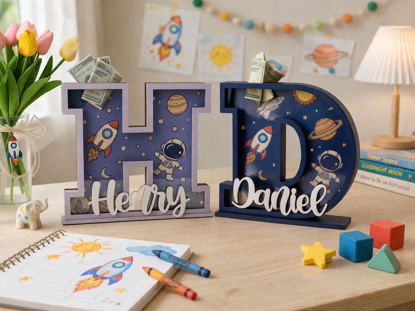 Personalized Space Rocket Piggy Bank, Wooden Coin Bank for Kids, 1st Birthday Gift, Personalized Letter Bank, Money Savings