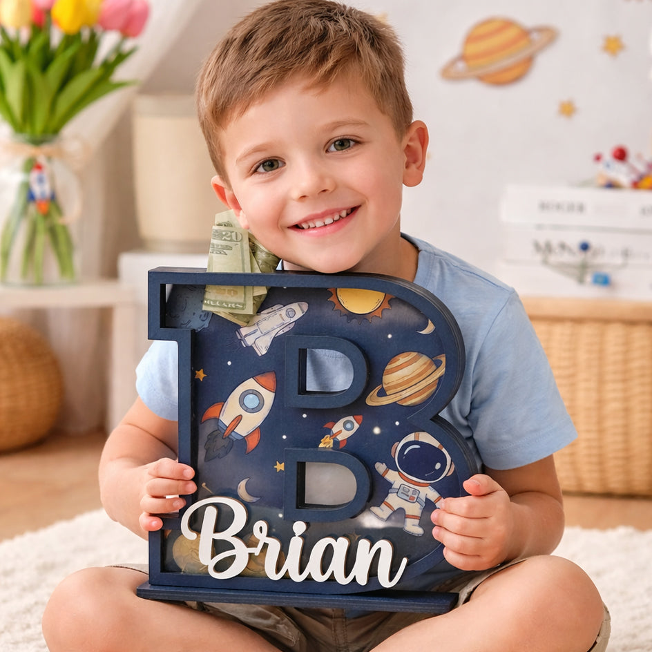 Personalized Space Rocket Piggy Bank, Wooden Coin Bank for Kids, 1st Birthday Gift, Personalized Letter Bank, Money Savings