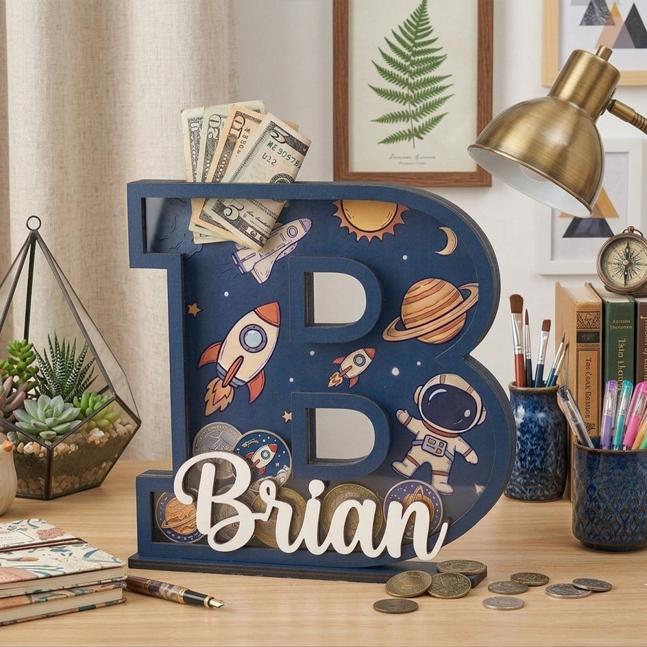 Personalized Space Rocket Piggy Bank, Wooden Coin Bank for Kids, 1st Birthday Gift, Personalized Letter Bank, Money Savings