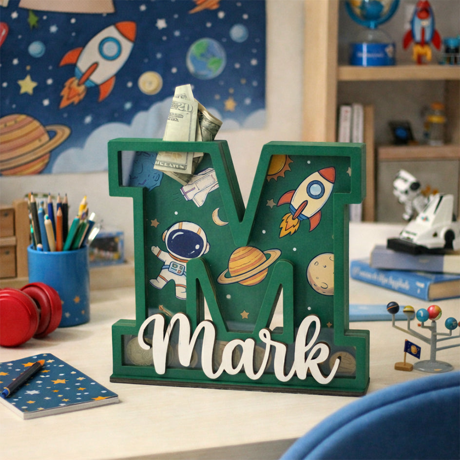 Personalized Space Rocket Piggy Bank, Wooden Coin Bank for Kids, 1st Birthday Gift, Personalized Letter Bank, Money Savings