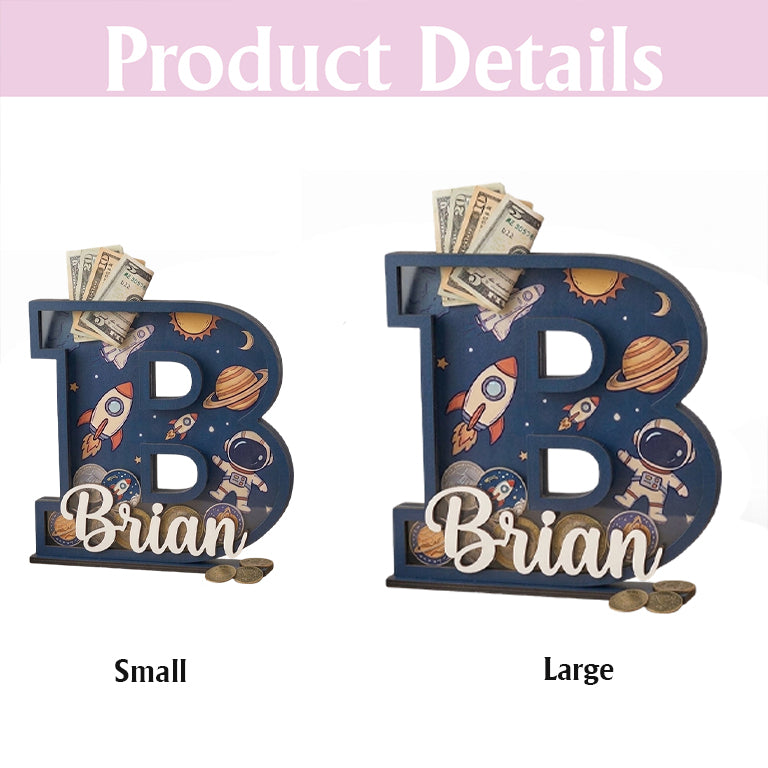 Personalized Space Rocket Piggy Bank, Wooden Coin Bank for Kids, 1st Birthday Gift, Personalized Letter Bank, Money Savings