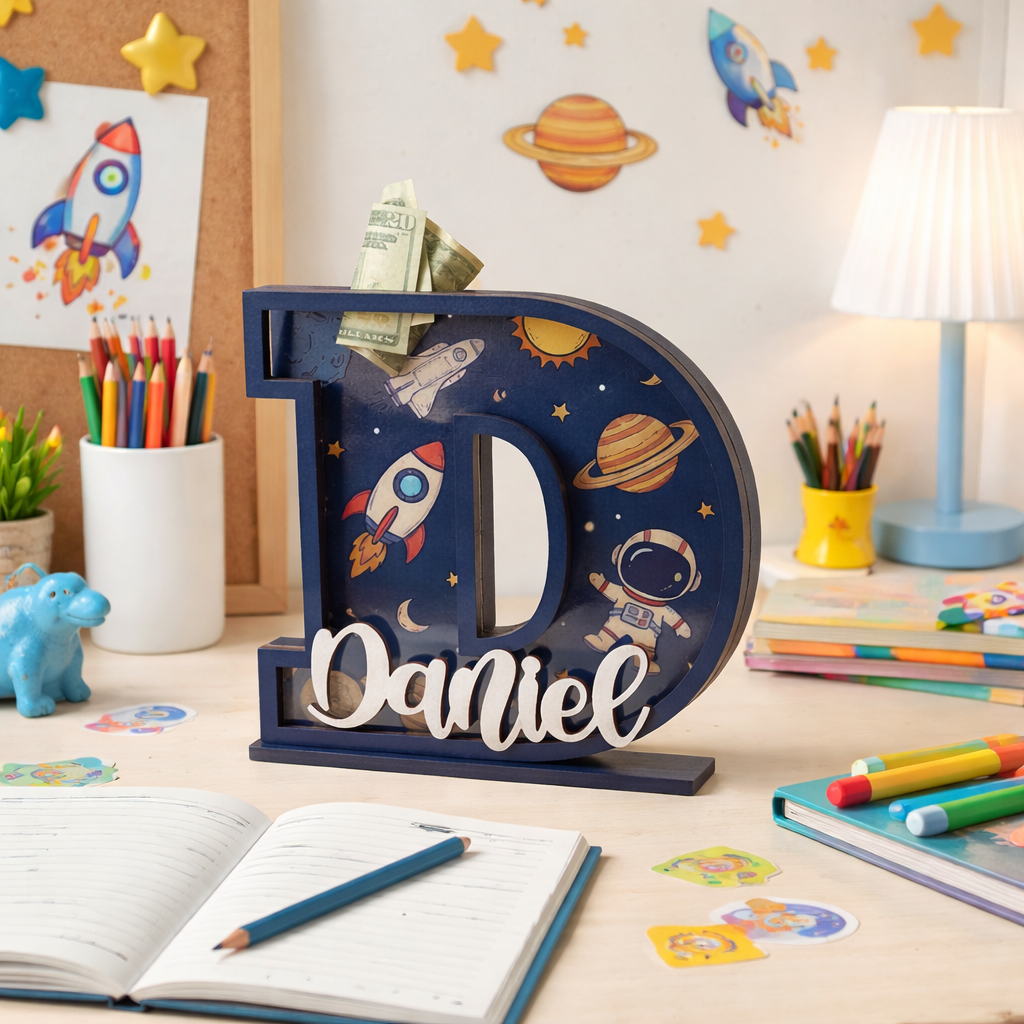 Personalized Space Rocket Piggy Bank, Wooden Coin Bank for Kids, 1st Birthday Gift, Personalized Letter Bank, Money Savings