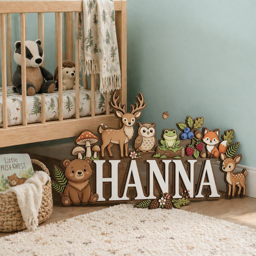 Personalized Name Sign for Nursery, Woodland Animal Wooden Wall Decor, Custom Baby Name Sign, Forest Baby Room Decor, Baby Shower Gift
