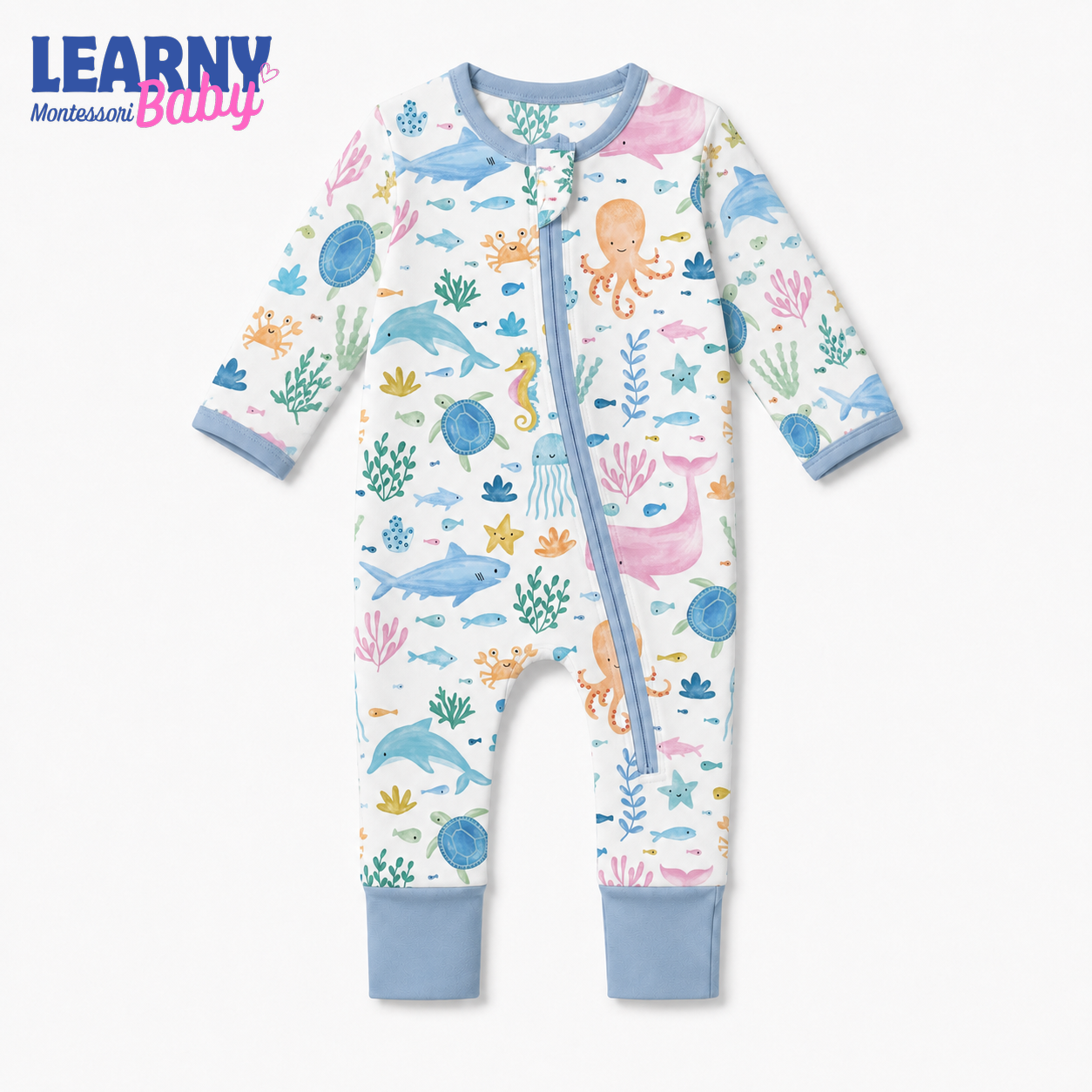 Ocean Animals Bamboo Baby Convertible Zippy Pajamas, Sea Life Baby Sleeper, Marine Newborn Pajamas, Toddler Sleepwear