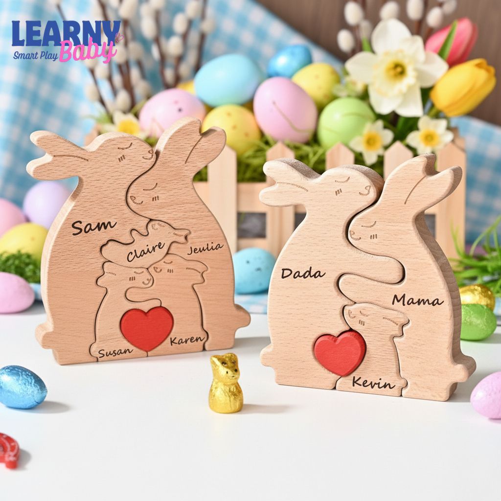 Personalized Easter Bunny Family Puzzle, Custom Wooden Rabbit Name Sign, Easter Day Decor, Unique Family Gift for Mom Dad Kids